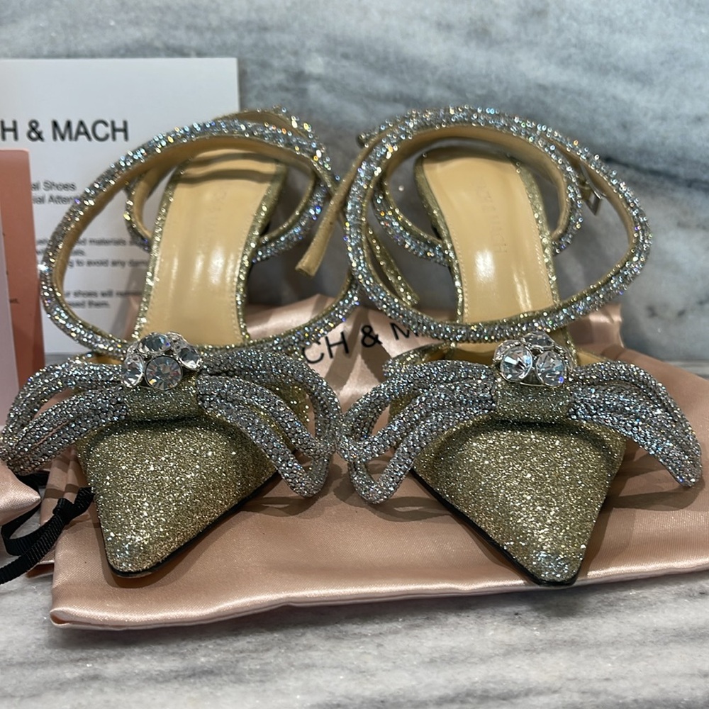 Mach and Mach Double Bow Gold Glitter High Heels with Silver Bow size 37 - Picture 3 of 8